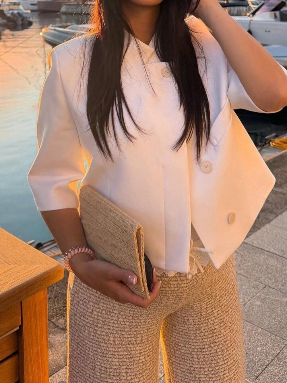 White Casual Women's Minimalist Versatile Short Sleeve Cropped Blazer - Picture 2 of 9